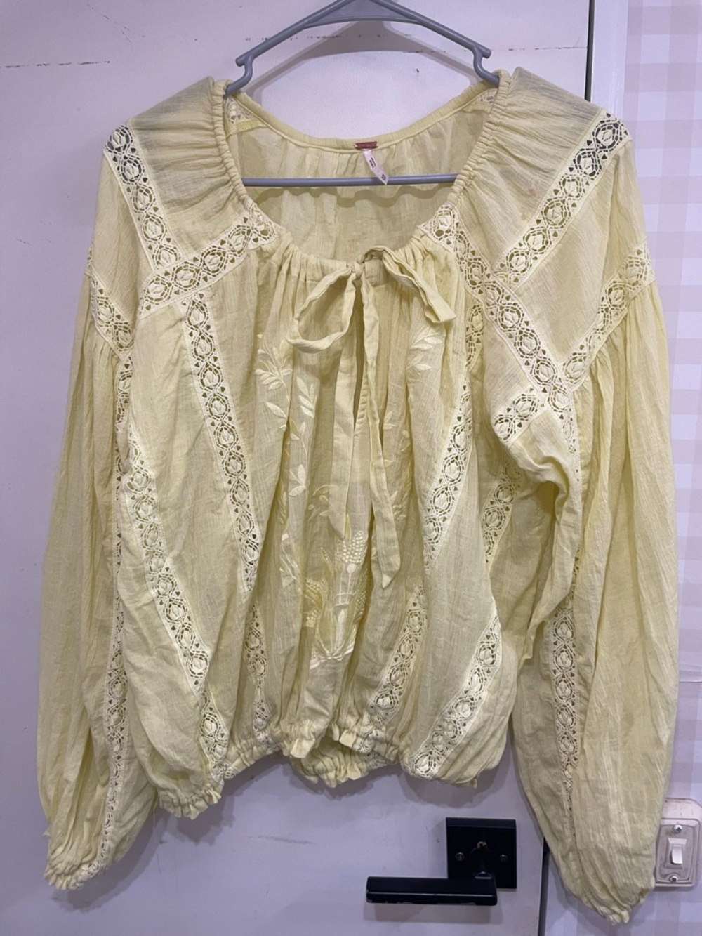 Free People Maria Boho Peasant Blouse Yellow Cottagecore Wheat XS Cotton Lace